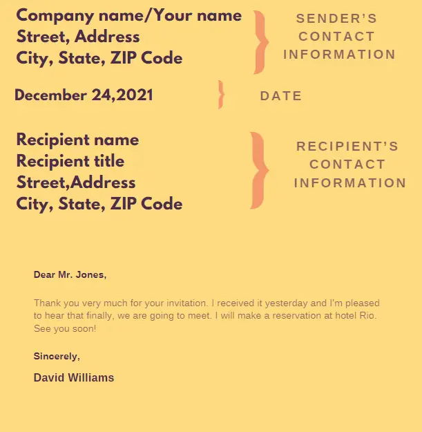 Business letter components:
Sender's contact information
Date
Recipient's contact information