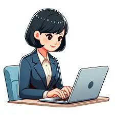 A cartoon image of a business woman typing on a laptop. The woman is depicted as a professional, dressed in a business suit.
