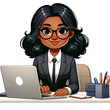 Cartoon illustration of a professional woman with black descent, sitting at an office desk, typing on a laptop