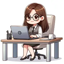 Cartoon image of a girl working in an office, sitting at a desk with a laptop. She has a focused expression, wearing professional office attire.