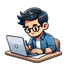 Cartoon style image of a man sitting at a desk, writing on a laptop