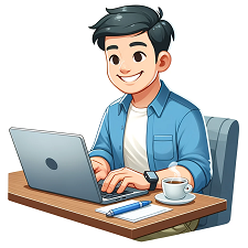 image of a man of Asian descent typing on a laptop. He is sitting at a desk, smiling, with a cup of coffee next to him
