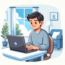 image of a man typing on a laptop. He's sitting at a desk in a home setting.