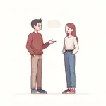 A cartoon image of two people talking to each other, standing face to face, with a plain white background