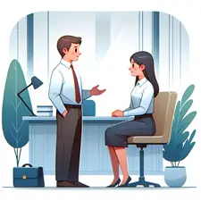 image of two people talking at work